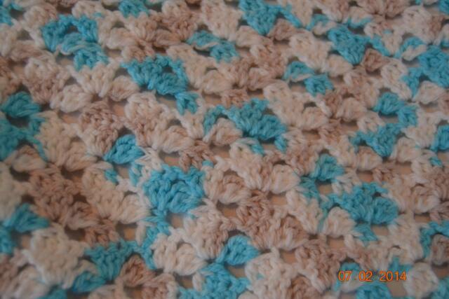 Crocheted Turquoise, White, & Tan Baby Blanket With Scalloped Turquoise Border - image 1