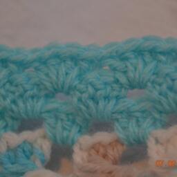 Crocheted Turquoise, White, & Tan Baby Blanket With Scalloped Turquoise Border - thumbnail 3