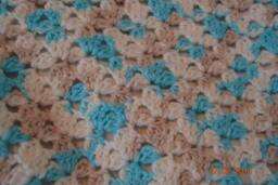 Crocheted Turquoise, White, & Tan Baby Blanket With Scalloped Turquoise Border