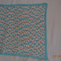 Crocheted Turquoise, White, & Tan Baby Blanket With Scalloped Turquoise Border - thumbnail 2