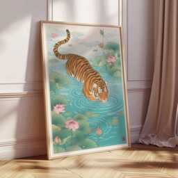 Tiger Wall Art Print - Japanese Style Poster, Exotic Animal Artwork, Lotus Pond Illustration, Oriental Nature Home Decor - thumbnail 3