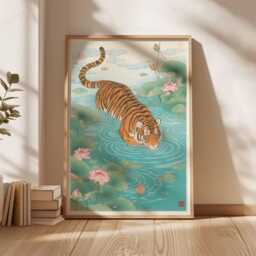 Tiger Wall Art Print - Japanese Style Poster, Exotic Animal Artwork, Lotus Pond Illustration, Oriental Nature Home Decor - thumbnail 2