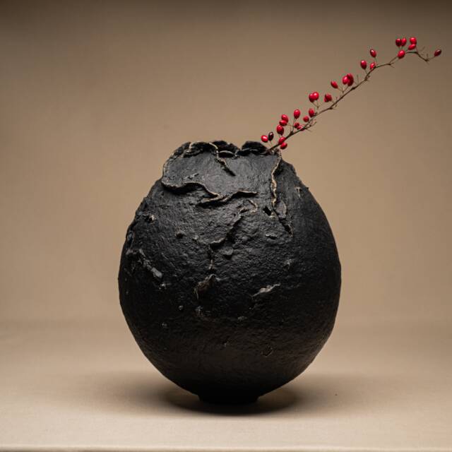 Handmade Black Paper Clay Vase Contemporary Modern Vessel, Wabi Sabi Centerpieces, Textured Art Sculpture - image 1