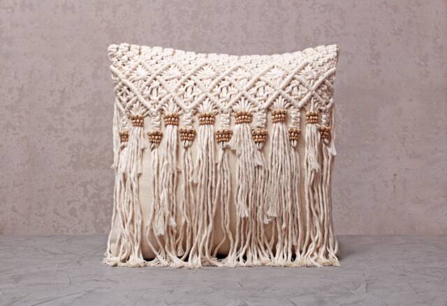 Off-White Cotton Macrame Bohemian, Bali Style Pillow Cover, Decorative Handmade Throw Cover, Embroidered Cover Wlcc044 - image 1
