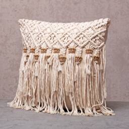 Off-White Cotton Macrame Bohemian, Bali Style Pillow Cover, Decorative Handmade Throw Cover, Embroidered Cover Wlcc044 - thumbnail 3