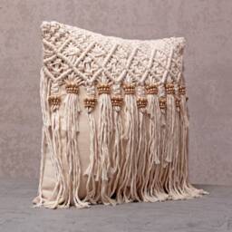 Off-White Cotton Macrame Bohemian, Bali Style Pillow Cover, Decorative Handmade Throw Cover, Embroidered Cover Wlcc044 - thumbnail 4