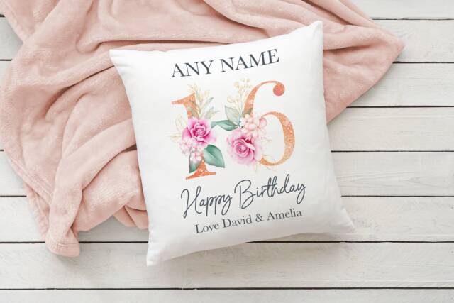 Personalised Birthday Cushion, Custom Gift For Girls, Any Age, Ladies Present, Floral Pillow - image 1