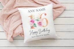 Personalised Birthday Cushion, Custom Gift For Girls, Any Age, Ladies Present, Floral Pillow - thumbnail 1