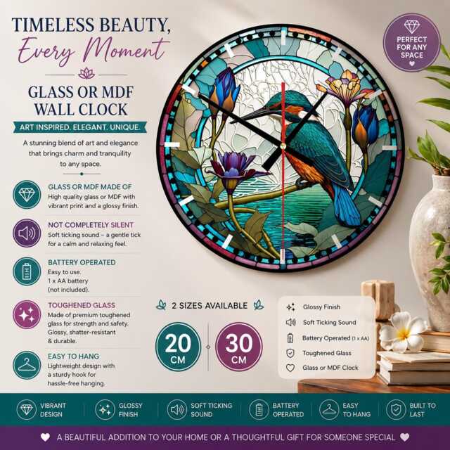 Kingfisher Glass Or Mdf Wall Clock Faux Stained Decor - image 1