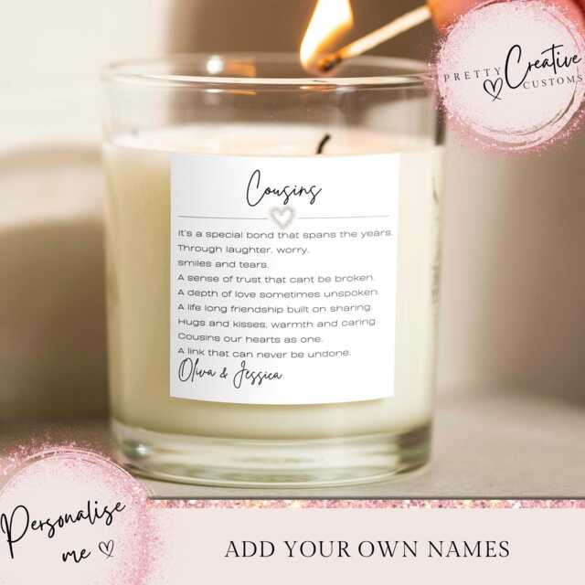 Cousin Personalised Scented Candle, Christmas Gift, Birthday Soul Sisters Gifts For Her, Her - image 1