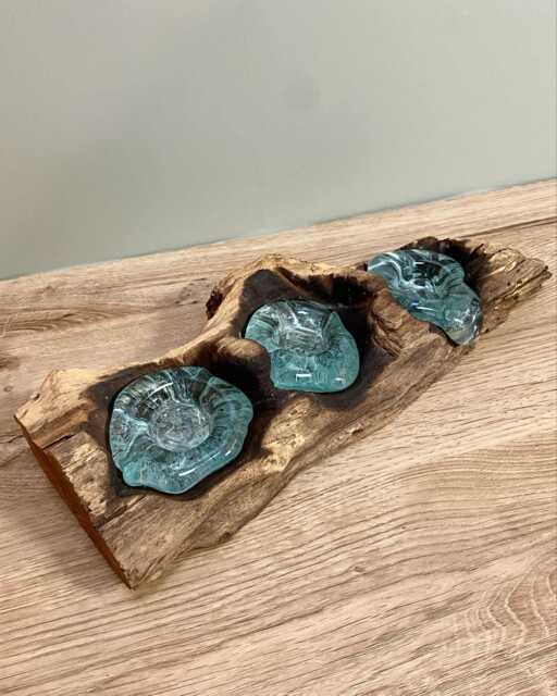 Rustic Driftwood Tealight Three Piece Melted Molten Glass Candle Holder Quirky Home D??cor - image 1