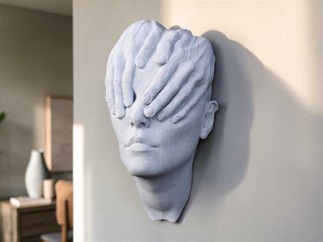 Abstract Face Wall Sculpture, Blindfolded Head Art, Modern Minimalist Hanging, Contemporary Home Decor - image 1