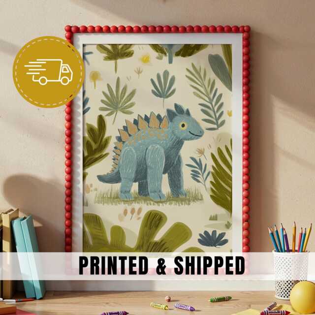 Nursery Art Blue Dino Kids Print Botanical Jungle Decor Cute Stegosaurus Illustration Toddler Bedroom Wall Playroom Nature Theme - 45 - image 1