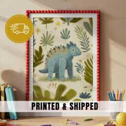Nursery Art Blue Dino Kids Print Botanical Jungle Decor Cute Stegosaurus Illustration Toddler Bedroom Wall Playroom Nature Theme - 45 - thumbnail 1