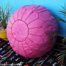 Handmade Pink Leather Moroccan Pouf Unstuffed Ottoman Footstool - thumbnail 2