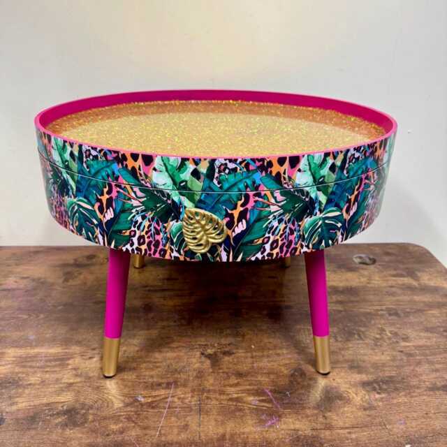 Round Coffee Table , Tropical Green Pink Orange Leopard Print Animal & Floral Print. Gold Glitter Table, Lift Off Top For Storage - image 1