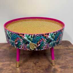 Round Coffee Table , Tropical Green Pink Orange Leopard Print Animal & Floral Print. Gold Glitter Table, Lift Off Top For Storage - thumbnail 4