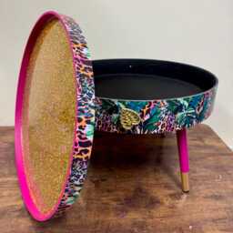 Round Coffee Table , Tropical Green Pink Orange Leopard Print Animal & Floral Print. Gold Glitter Table, Lift Off Top For Storage - thumbnail 2