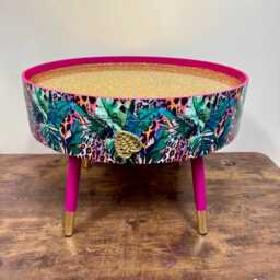 Round Coffee Table , Tropical Green Pink Orange Leopard Print Animal & Floral Print. Gold Glitter Table, Lift Off Top For Storage