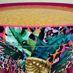 Round Coffee Table , Tropical Green Pink Orange Leopard Print Animal & Floral Print. Gold Glitter Table, Lift Off Top For Storage - thumbnail 3