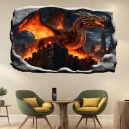 Furious Dragon Burning Castle Wall Sticker - Massive Mural, Decals - Self-Adhesive Poster, Removable Vinyl, Home, Bedroom, Office Decor 1317 - thumbnail 3