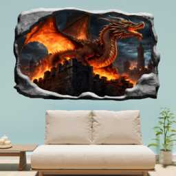 Furious Dragon Burning Castle Wall Sticker - Massive Mural, Decals - Self-Adhesive Poster, Removable Vinyl, Home, Bedroom, Office Decor 1317 - thumbnail 2