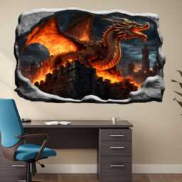 Furious Dragon Burning Castle Wall Sticker - Massive Mural, Decals - Self-Adhesive Poster, Removable Vinyl, Home, Bedroom, Office Decor 1317 - thumbnail 1