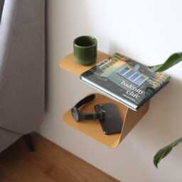 Beige Floating Bedside Table, Modern Metal Shelf, Minimalistic Bent Nightstand, Wall Mounted Night Floating Wall Shelf