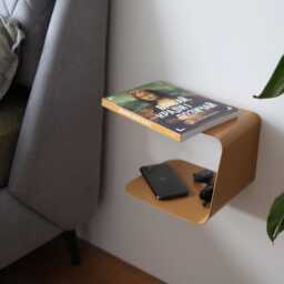 Beige Floating Bedside Table, Modern Metal Shelf, Minimalistic Bent Nightstand, Wall Mounted Night Floating Wall Shelf - thumbnail 2