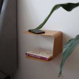 Beige Floating Bedside Table, Modern Metal Shelf, Minimalistic Bent Nightstand, Wall Mounted Night Floating Wall Shelf - thumbnail 3