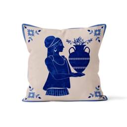 Ancient Greece Illustrated Ceramic Tile Cushion Cover, Woman Carrying Amphora Design, Olive Branches Decor, Historical Art Pillowcase - thumbnail 2