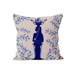 Ancient Greece Illustrated Ceramic Tile Cushion Cover, Woman Carrying Amphora Design, Olive Branches Decor, Historical Art Pillowcase - thumbnail 3