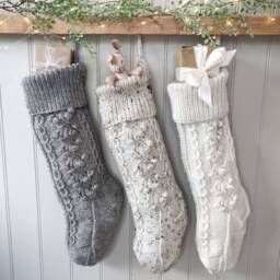 Hand-Knitted Christmas Stocking. Vintage Style Aran Wool. Beige Tweed - thumbnail 3