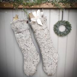 Hand-Knitted Christmas Stocking. Vintage Style Aran Wool. Beige Tweed