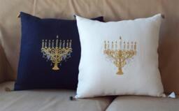 Jewish, Festival Of Lights, Hanukkah Gift, Hanukkah Candles, Jewish Gift, Embroidered Menorah Pillow Cover, Israel, Gold Menorah - thumbnail 1