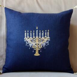 Jewish, Festival Of Lights, Hanukkah Gift, Hanukkah Candles, Jewish Gift, Embroidered Menorah Pillow Cover, Israel, Gold Menorah - thumbnail 3