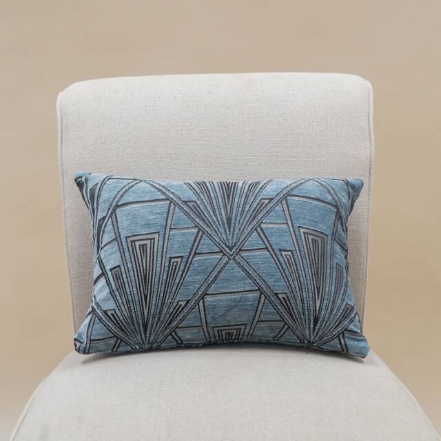 Art Deco Geometric Boudoir Cushion. Steel Blue & Silver Vintage Design. Luxury Velvet Chenille. 17x12 - image 1