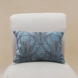 Art Deco Geometric Boudoir Cushion. Steel Blue & Silver Vintage Design. Luxury Velvet Chenille. 17x12