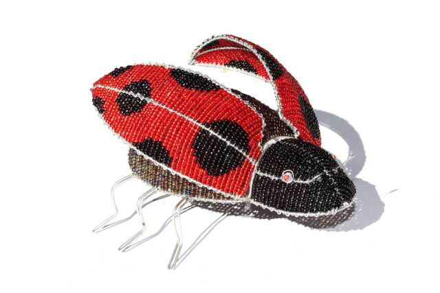 Beaded Ladybug Figurine, Red & Black Glass Beads, Open Wings - image 1