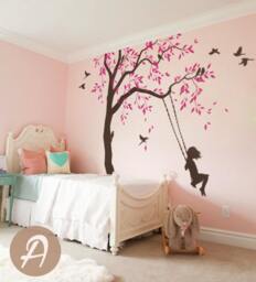 Nursery Tree Decal With Swings & Birds Large Tree Vinyl Wall Art Wall Mural Sticker Kids Room Decor Nature Tattoo Am029 - thumbnail 2
