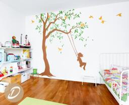 Nursery Tree Decal With Swings & Birds Large Tree Vinyl Wall Art Wall Mural Sticker Kids Room Decor Nature Tattoo Am029 - thumbnail 1