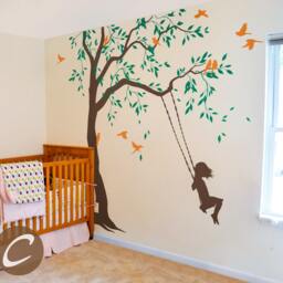 Nursery Tree Decal With Swings & Birds Large Tree Vinyl Wall Art Wall Mural Sticker Kids Room Decor Nature Tattoo Am029 - thumbnail 3