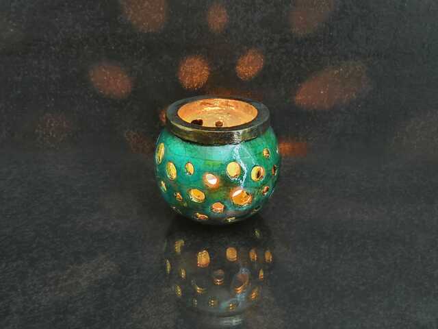 Raku Pierced Candle Holder - Polka Dot Turquoise Tealight Lantern, Handmade Ceramic Centerpiece Various Colors Available - image 1