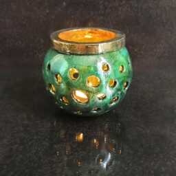 Raku Pierced Candle Holder - Polka Dot Turquoise Tealight Lantern, Handmade Ceramic Centerpiece Various Colors Available - thumbnail 3