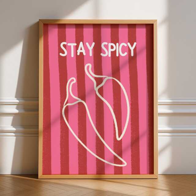 stay Spicy Print, Unframed Art, Bold Funky Kitchen Poster, Typography Gallery Wall, Dinner, Food, Trendy Quirky Wall Chili, Red - image 1