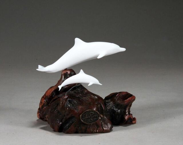 Dolphin & Calf By John Perry 5 Inches Long Pellucida Sculpture On Polished Burlwood Base - image 1