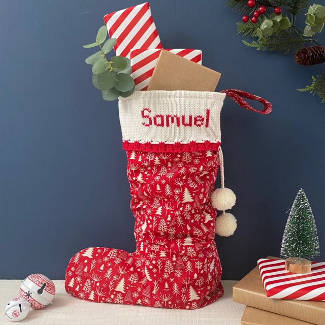 Personalised Red Christmas Stocking - Traditional Knitted Tree Decor - image 1