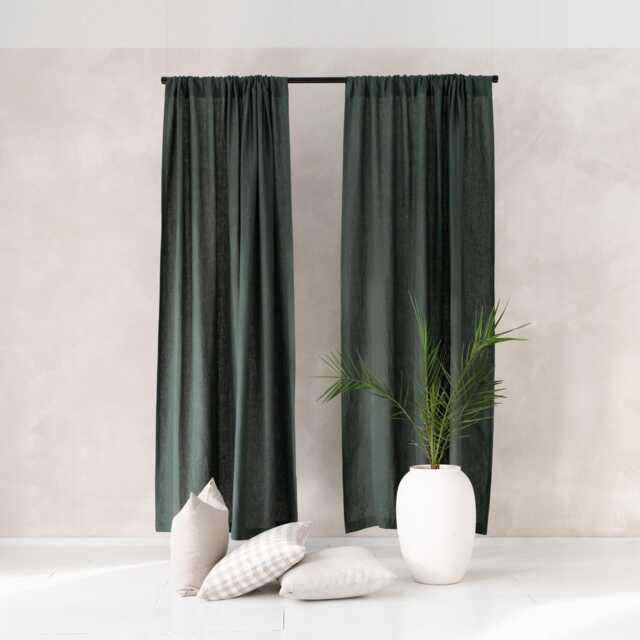 Forest Green Linen Curtains, Rod Pocket Curtains Blackout, Natural Window Curtain Panels - image 1