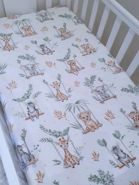 Jungle Animals, Safari Cot-Bed-Fitted-Sheet-100% Cotton, Friends, 60 X 120 cm , 70 140 cm, Sage Green, Space Saver - image 1