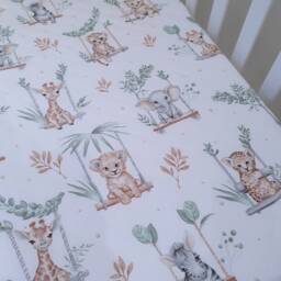 Jungle Animals, Safari Cot-Bed-Fitted-Sheet-100% Cotton, Friends, 60 X 120 cm , 70 140 cm, Sage Green, Space Saver - thumbnail 3